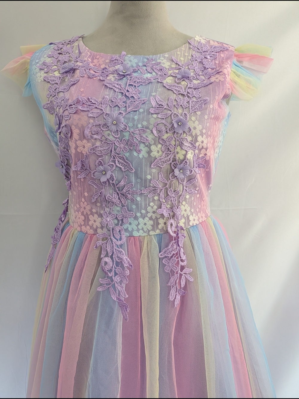 Girls Juniors Size 16 Pastel Rainbow Tulle Sequin Flower Girl Formal Dress - Picture 3 of 5